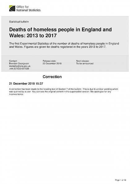 Deaths of homeless people in England and Wales: 2013 to 2017
