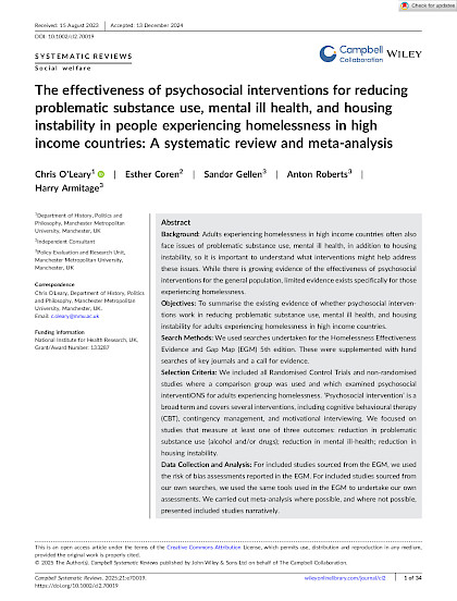 The effectiveness of psychosocial interventions for people experiencing homelessness: A systematic review and meta-analysis